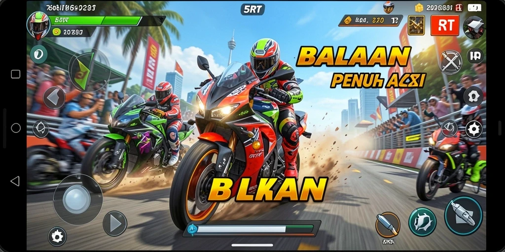 Tangkapan layar dari gameplay balapan motor di 5RT.