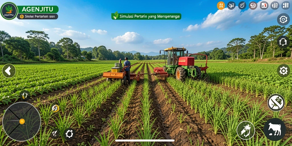 Tampilan gameplay AGENJITU yang menawan dengan kebun yang indah.