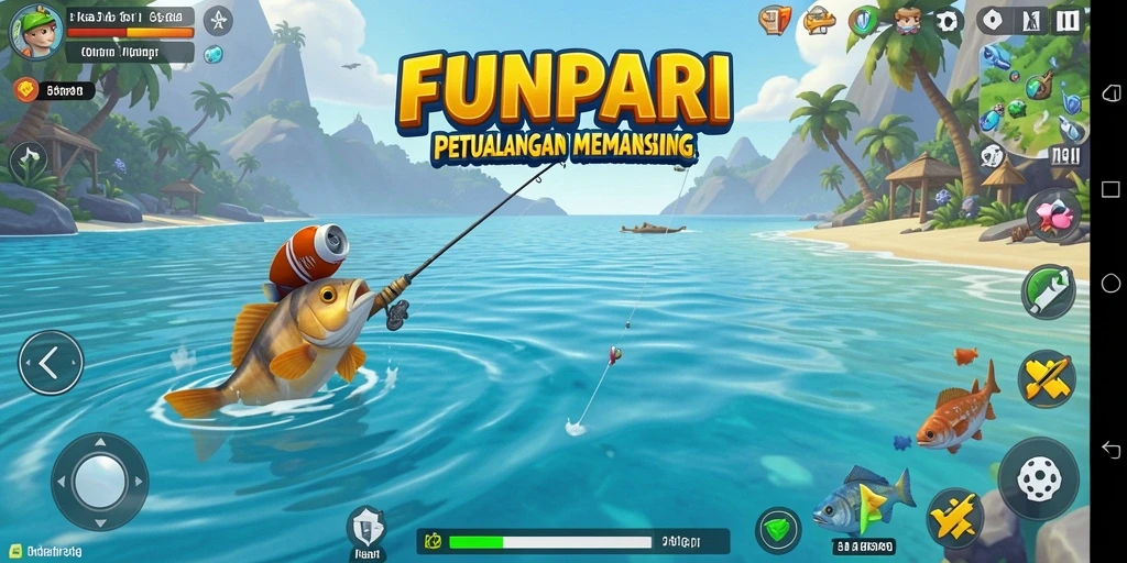 Screenshot gameplay hebat di FUNPARI menampilkan aksi memancing yang menegangkan.
