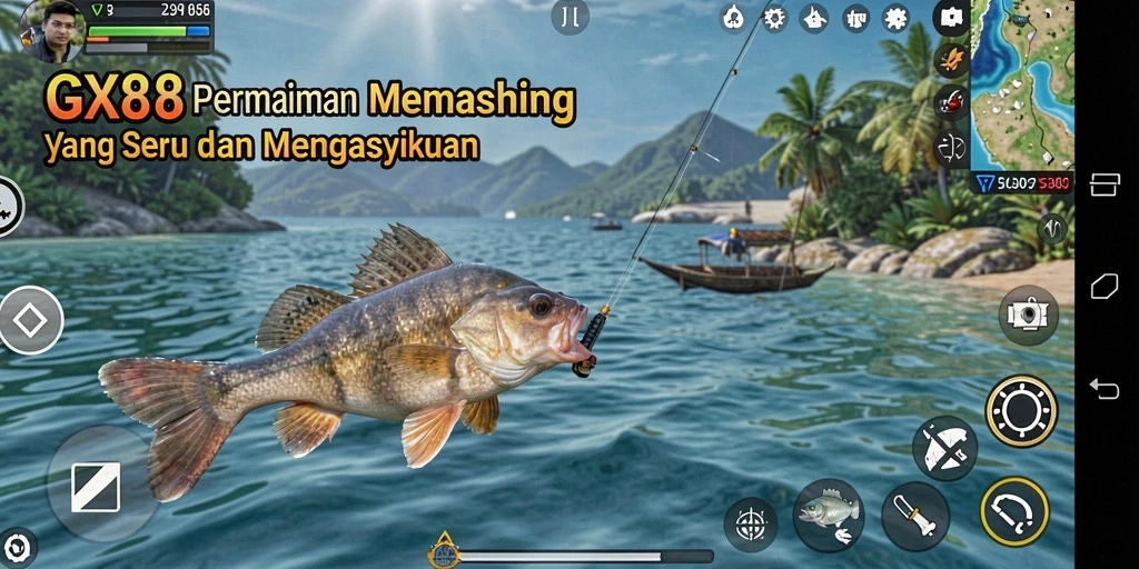 Screenshot GX88 menampilkan aksi seru memancing di laut yang indah.