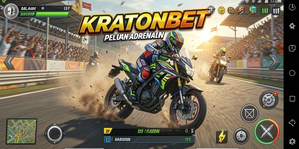 Tampilan gameplay KRATONBET yang penuh aksi balapan motor.