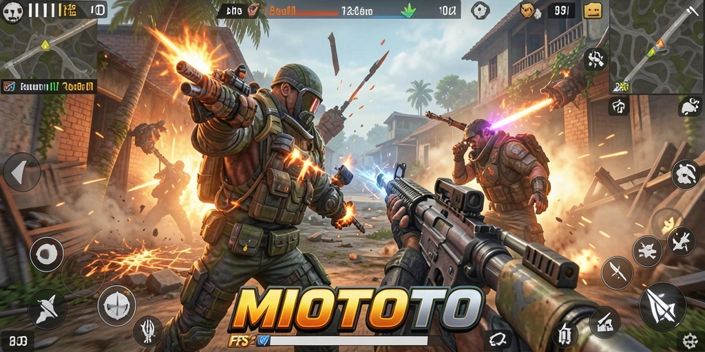 Screenshot gameplay MIOTOTO yang menunjukkan aksi tembak-menembak yang intens.