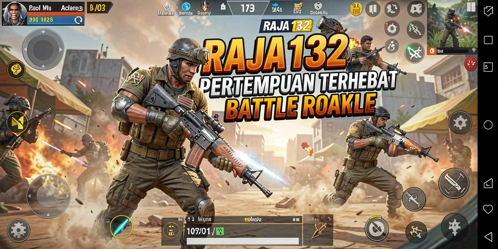 Tangkapan layar utama RAJA132 menampilkan aksi seru dalam gameplay Battle Royale.