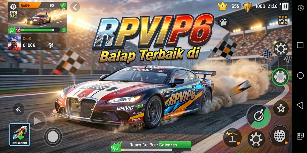 Tangkapan layar RPVIP6 menampilkan mobil balap di trek yang menantang.