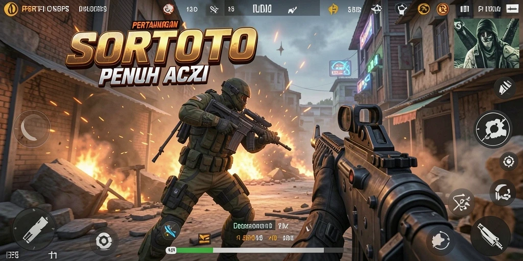 Tangkapan layar gameplay SORTOTO menampilkan aksi tembak-menembak yang mendebarkan.