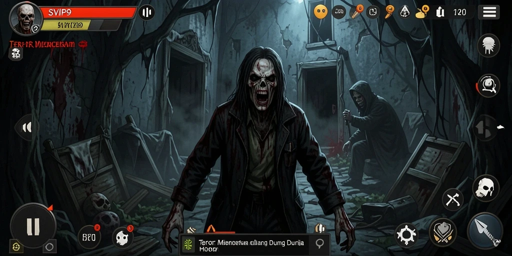 Screenshot gameplay <strong>SVIP9</strong> menunjukkan suasana horor yang mencekam dan penuh ketegangan.