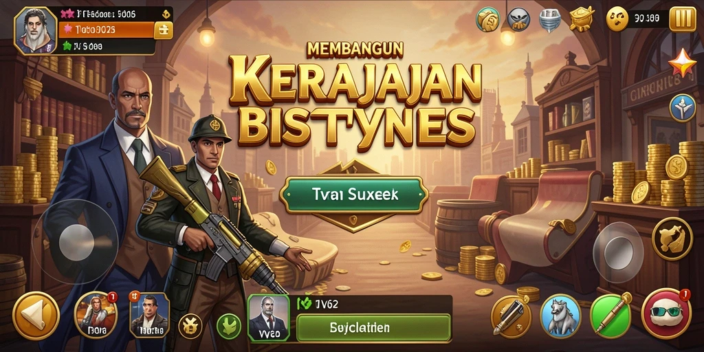 Screenshot gameplay VV62 menampilkan manajemen bisnis yang mendalam.
